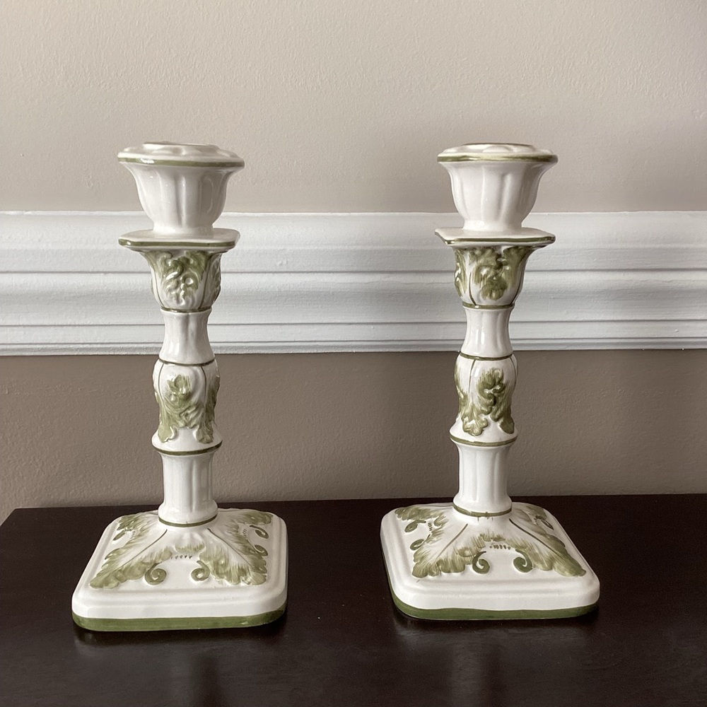 Vintage Nora Fenton Candle Holders Green White Made in Italy